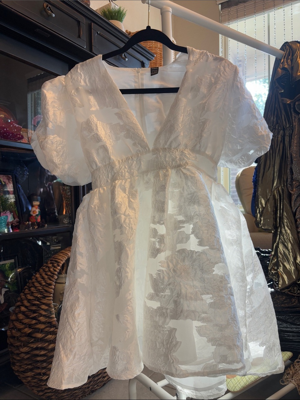 White Textured V-Neck Mini Dress NEVER WORN